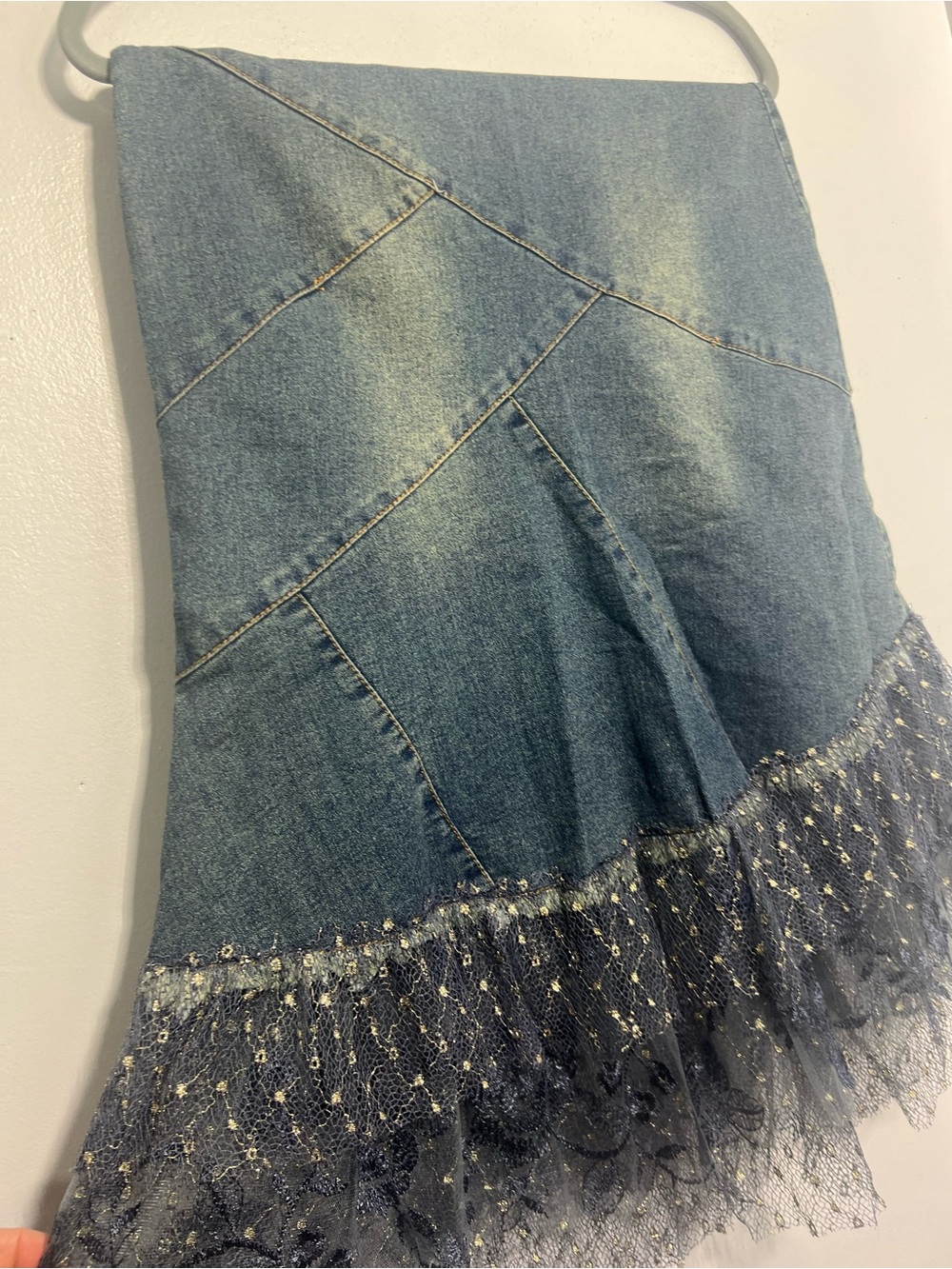 Y2K Beaded Denim Midi Skirt w/Lace Ruffle & Floral Embroidery Boho Whimsy - Picture 12 of 14
